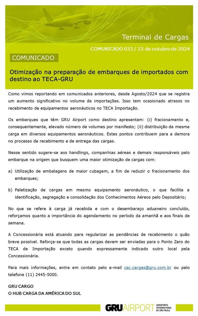 COMUNICADO - OTIMIZAÇÃO NA PREPARAÇÃO DE EMBARQUES