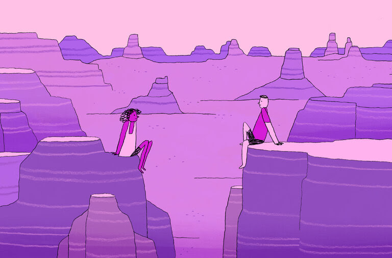 An illustration of a woman and a man in a desert landscape sitting on rock cliffs, facing each other.