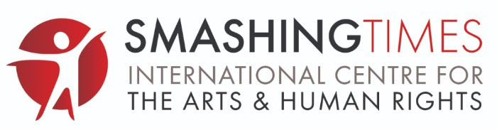Red, black, and grey logo of Smashing Times International Centre for the Arts and Human Rights, against a white background.