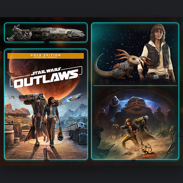 Four images featuring Star Wars Outlaws Gold Edition, protagonist Kay Vess, her creature companion Nix, alien characters, a starship, and a speeder bike.