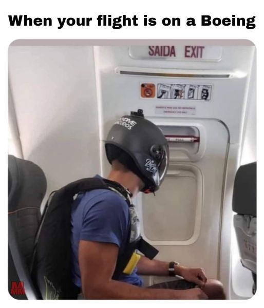 Meme mocking Boeing showing passenger wearing parachute.