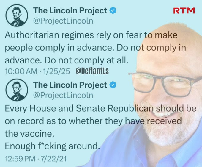 Hypocrite Rick Wilson who says do not comply unless its about the vaccine.