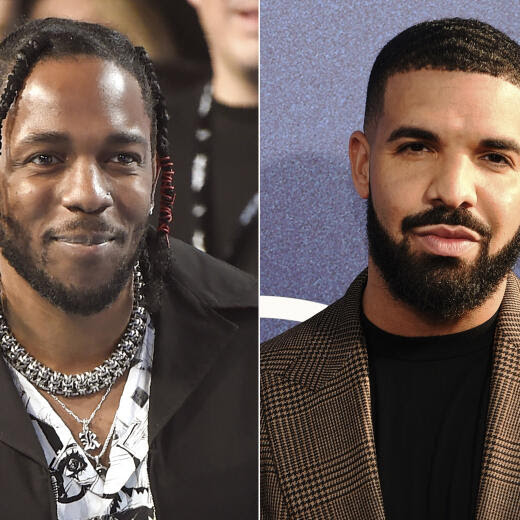 Rapper Kendrick Lamar appears at the MTV Video Music Awards, on Aug. 27, 2017, in Inglewood, Calif., left, and Canadian rapper Drake appears at the premiere of the series "Euphoria," in Los Angeles on June 4, 2019. (AP Photo)