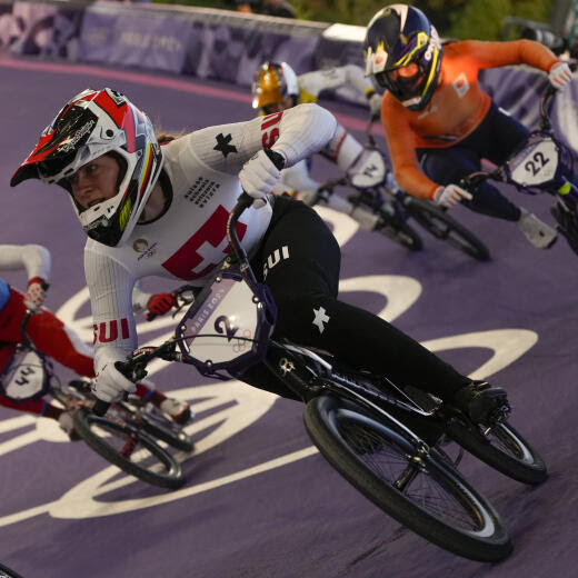 Zoe Claessens of Switzerland competes in a BMX racing event, at the 2024 Summer Olympics, Friday, Aug. 2, 2024, in Saint-Quentin-en-Yvelines, France. (AP Photo/Ricardo Mazalan)