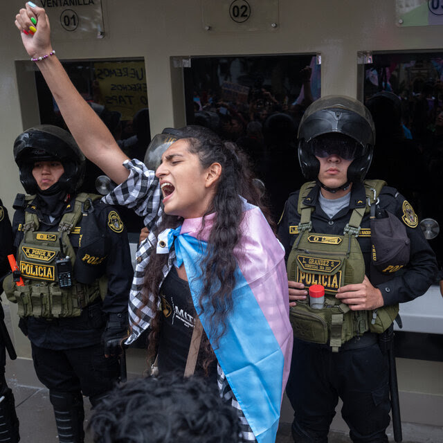 A person draped in a pink and blue flag raises a fist while police officers stand behind.