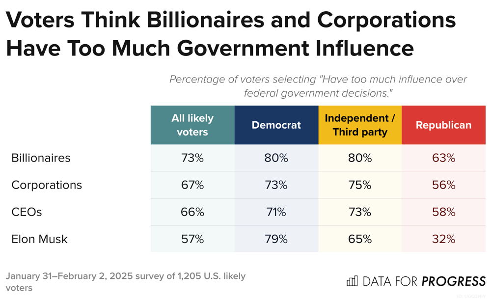 Data for Progress poll chart: Voters think billionaires, corporations, CEOs, and Elon Musk have too much government influence