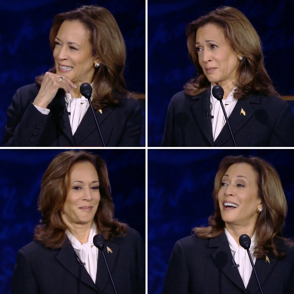 Six images of Kamala Harris with distinctly different facial expressions.