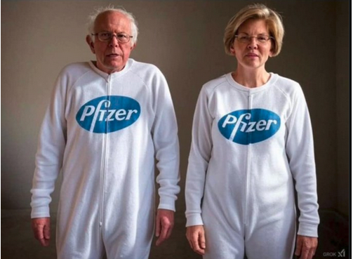 Liz Warren and Bernie Sanders in a "onsie."