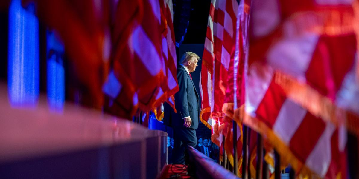 Republican presidential nominee former President Donald Trump arrives at an election night watch party at the Palm Beach Convention Center, Wednesday, Nov. 6, 2024, in West Palm Beach, Fla. (AP Photo/Julia Demaree Nikhinson)