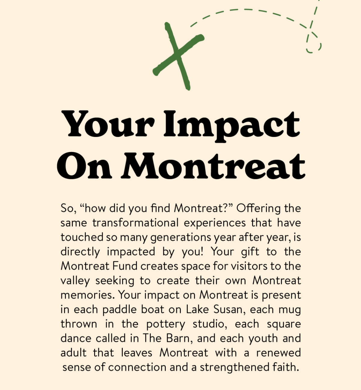 Your Impact on Montreat - So, “how did you find Montreat?” Offering the same transformational experiences that have touched so many generations year after year, is directly impacted by you! Your gift to the Montreat Fund creates space for visitors to the valley seeking to create their own Montreat memories. Your impact on Montreat is present in each paddle boat on Lake Susan, each mug thrown in the pottery studio, each square dance called in The Barn, and each youth and adult that leaves Montreat with a renewed sense of connection and a strengthened faith.