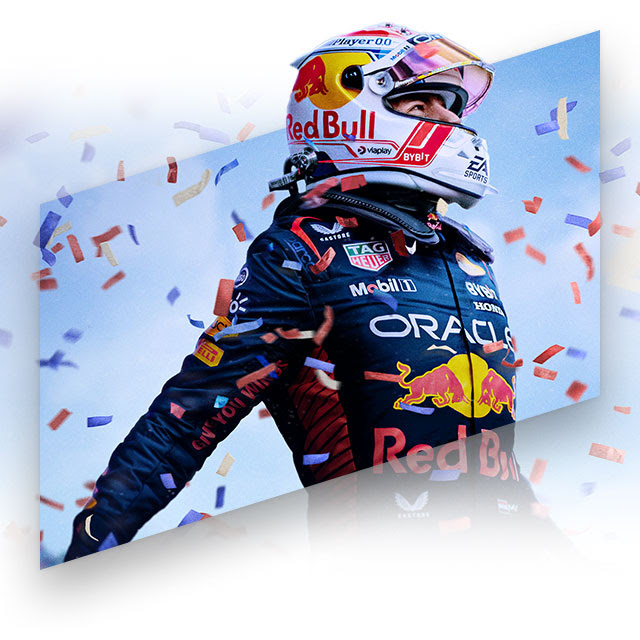 EA SPORTS™ F1® 24 key art featuring driver Max Verstappen celebrating while confetti drops around them.