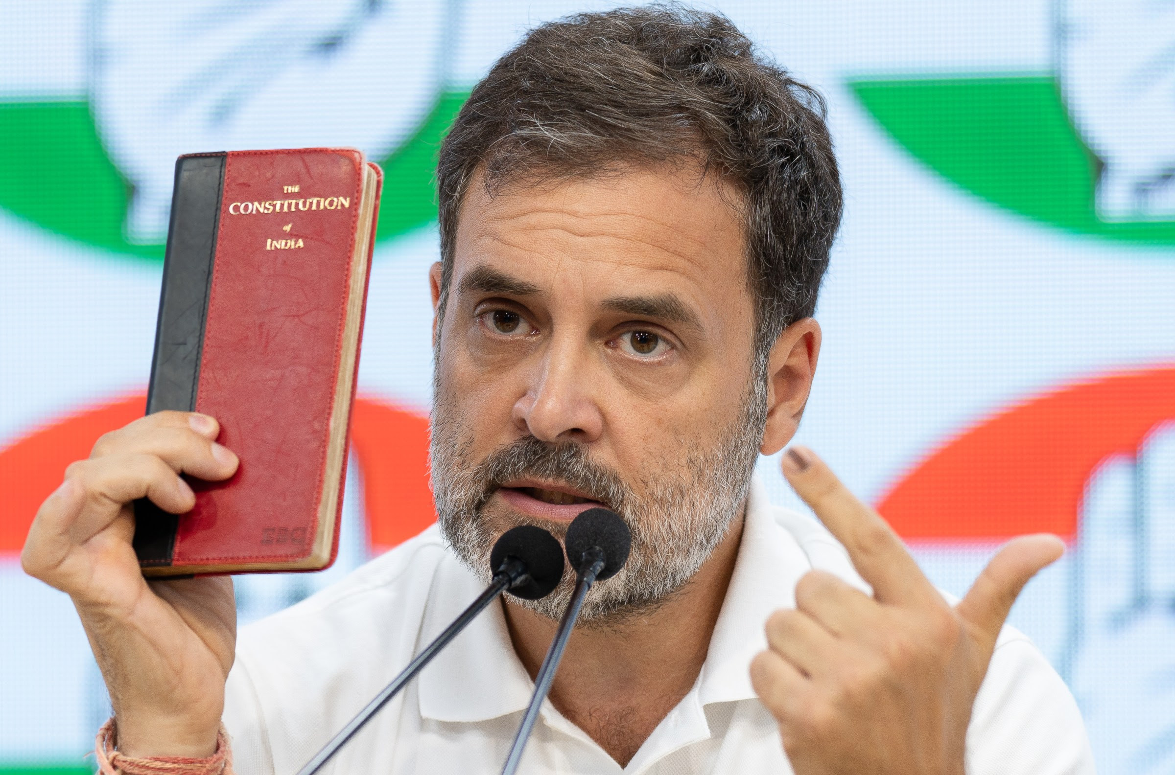 Rahul Gandhi, India's opposition leader, speaks during a news conference at the Indian National Congress headquarters during election results night in New Delhi, India, on Tuesday, June 4, 2024.