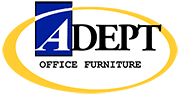 Logo of ADEPT Office Furniture featuring bold text 'ADEPT' with a blue and white color scheme, encircled by a golden yellow oval. The word 'Office Furniture' is written beneath in a serif font, suggesting a blend of modern and classic corporate style