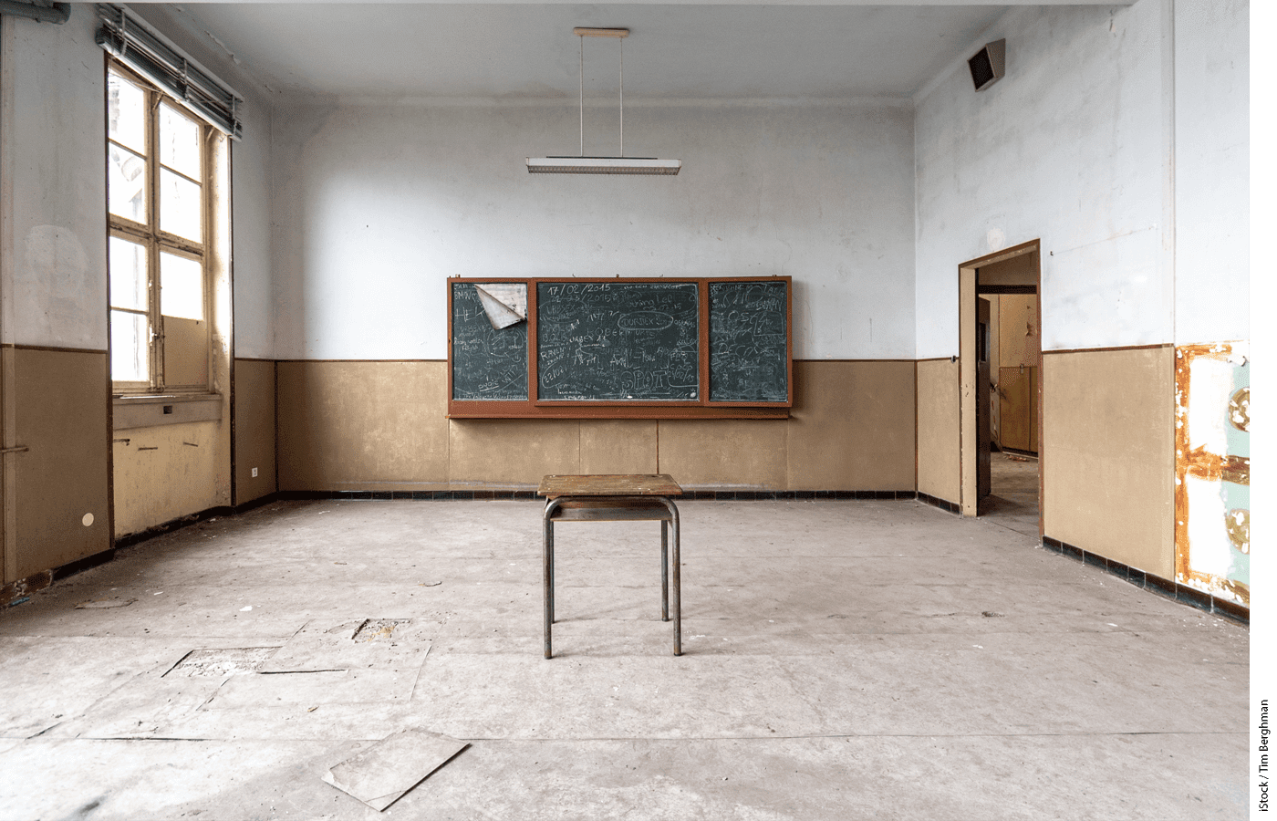 One desk in an empty classroom