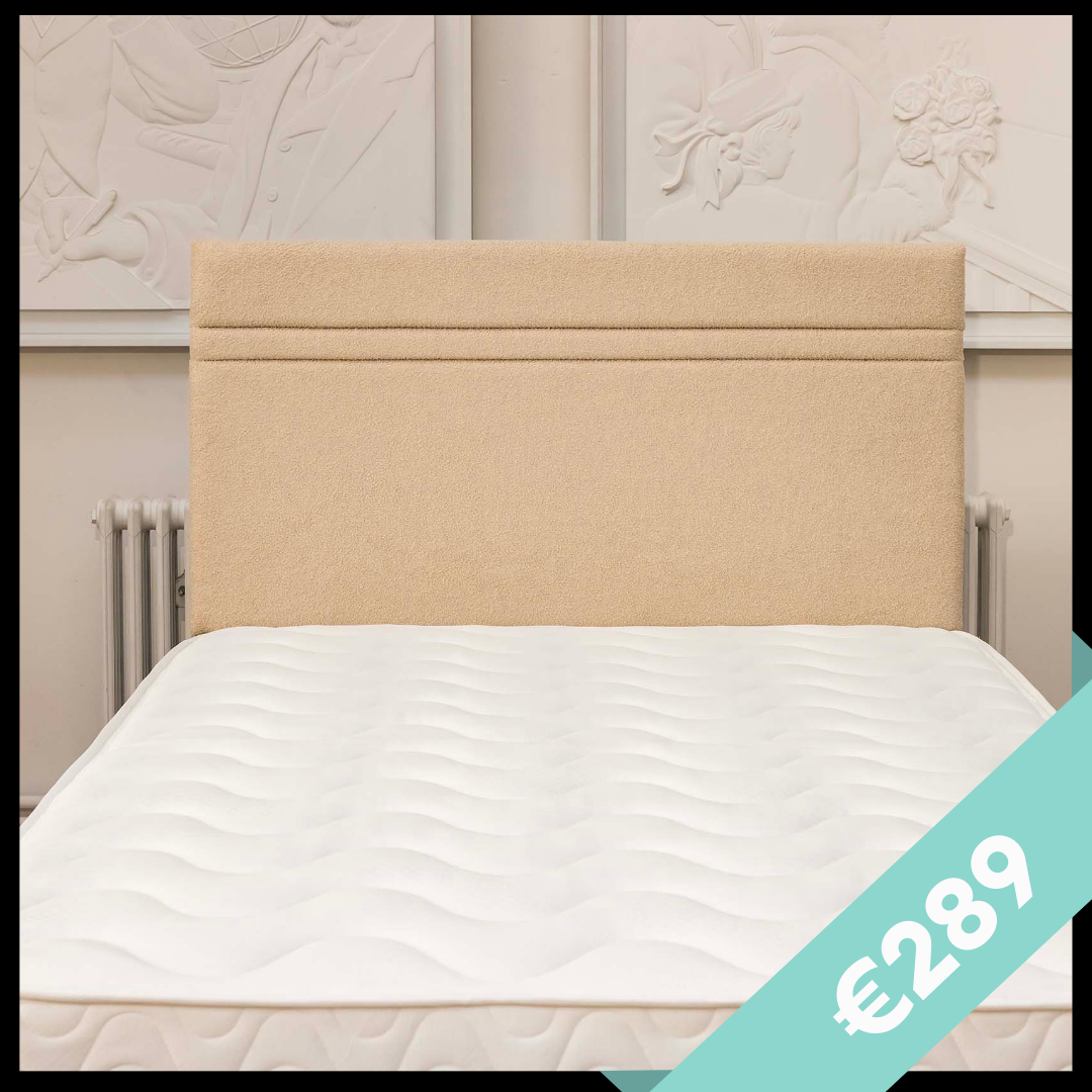 Square image with cream boucle fabric headboard and banner with €289 price tag