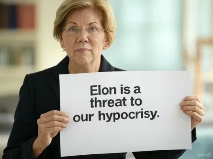 Liz Warren holding a dumb sign.