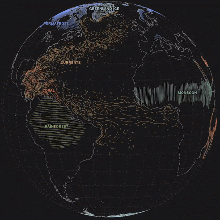 A short video shows a black globe in a hand-drawn style spinning on a black background. Different areas of the globe are filled in with simple designs in different colors.