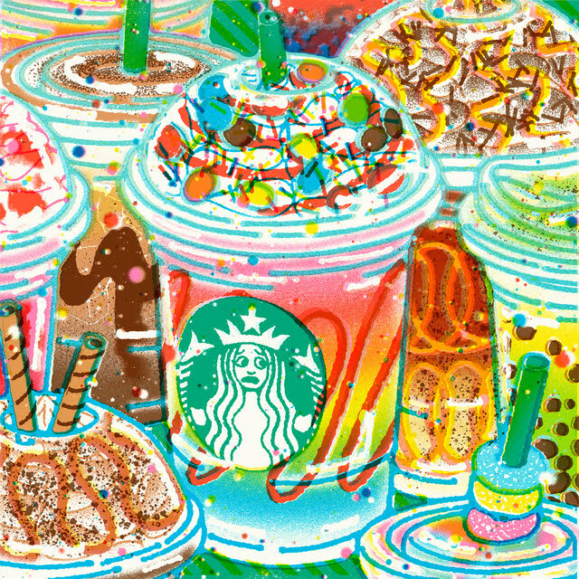 A colorful illustration of a group of drinks. At its center is one emblazoned with the Starbucks logo, except the woman in the logo bears an anxious expression.