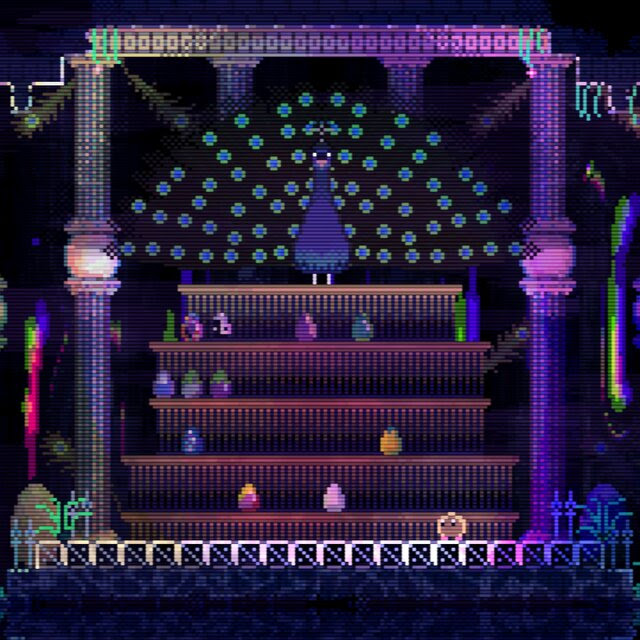 In a video game screenshot, a peacock stands on top of shelves that contain about a dozen colored eggs. 