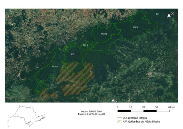 Mapa do Contínuo de Paranapiacaba, formado pelos parques estaduais Intervales (PEI), Turístico do Alto Ribeira (Petar) e Nascentes do Paranapanema (Penap) Carlos Botelho (PECB), além de outras áreas de preservação