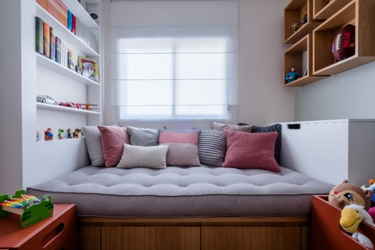 Ademais, combinar o futon com nichos e estantes concede um cenário ideal para expor colecionáveis e itens de valor sentimental para os moradores. | Projeto: Studio Tan-gram | FOTO: Nathalie Artaxo