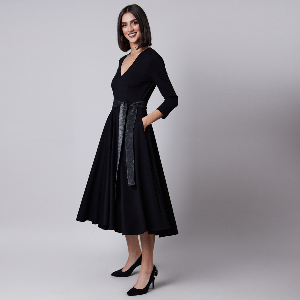 Image of Full Circle Fit & Flare V-Neck Dress Black