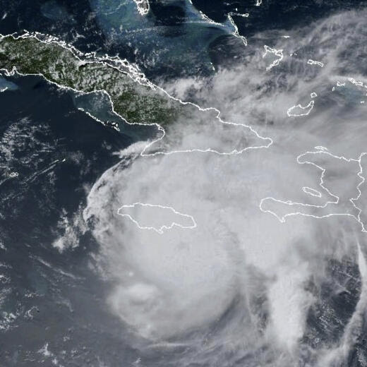 This GOES-East GeoColor satellite image taken at 1:20 p.m. EDT, and provided by NOAA, shows Hurricane Beryl moving towards Jamaica, Wednesday, July 3, 2024. (NOAA via AP)