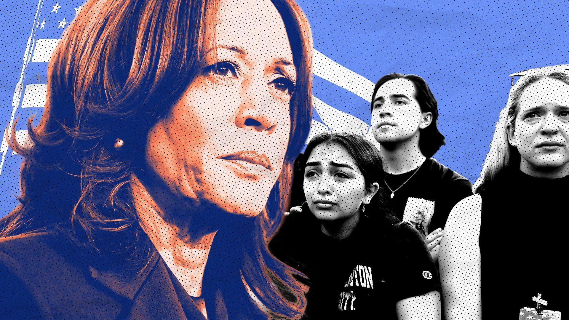 Photo illustration of Kamala Harris and tearful supporters in front of an American flag