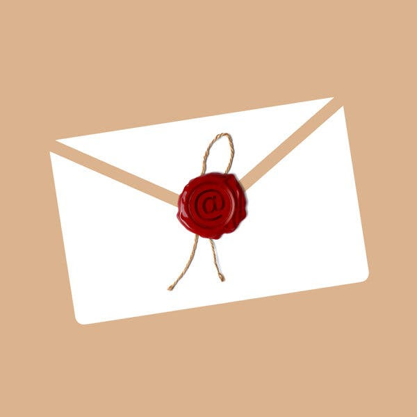 Una ilustración de un sobre con un sello de cera rojo. 