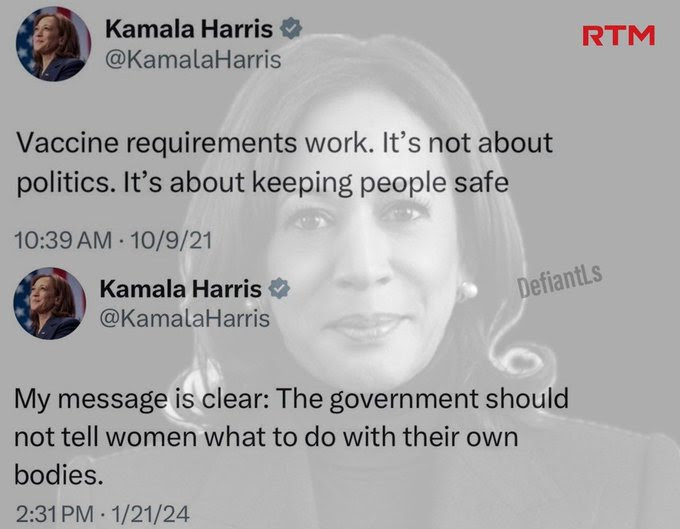 Hypocrite Kamala Harris says vaccine mandates are good while saying the government should not eveer be onvolved in telling people what to do.