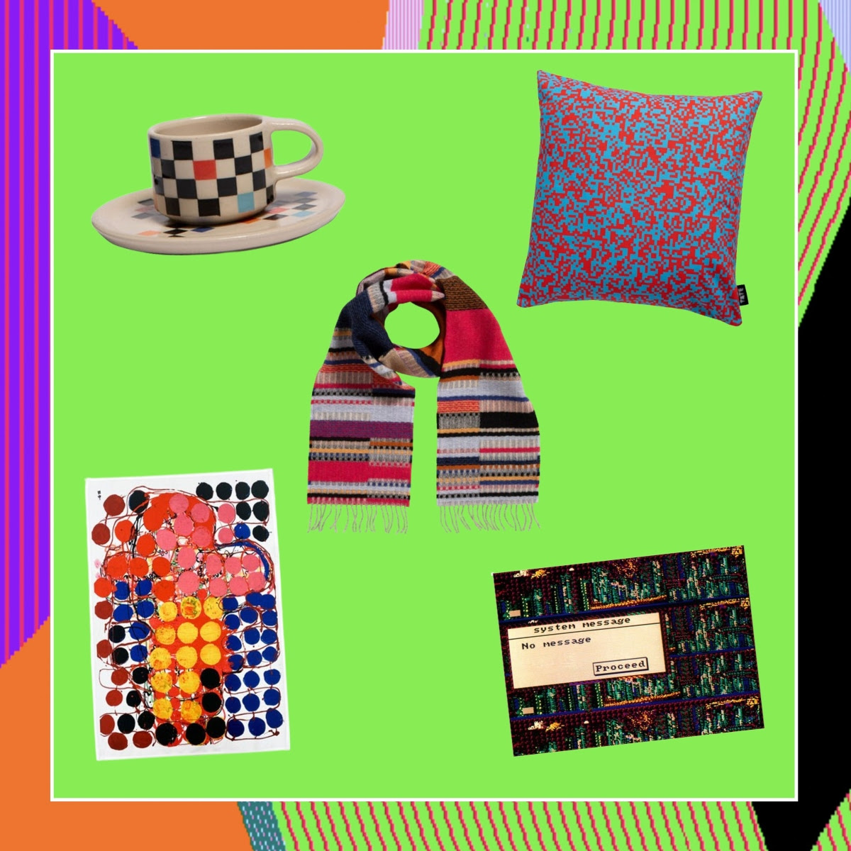 Graphic with products from the electric dreams exhibit checked mug and saucer, red and blue cushion, dotted tea towel red wool scarf and digital art print