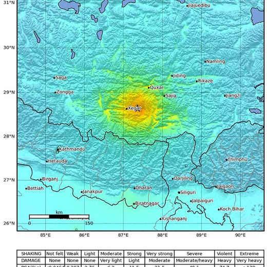 epa11810628 A handout shakemap made available by the United States Geological Survey (USGS) shows the location of a 7.1-magnitude earthquake hitting near Shigatse, Tibet, southern China, 07 January 2025. The epicenter of the earthquake was recorded at around 177 kilometers southwest from Shigatse, Tibet and according to the USGS, hit at a depth of 10 kilometres. EPA/USGS / HANDOUT HANDOUT EDITORIAL USE ONLY/NO SALES