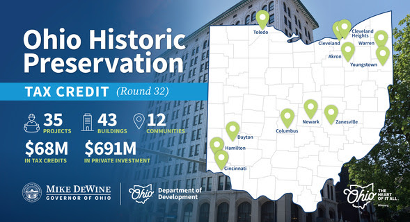 Map pinpointing  locations of historic preservation projects