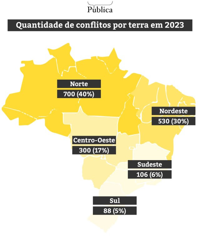 Mapa mostra conflitos no campo por região no Brasil