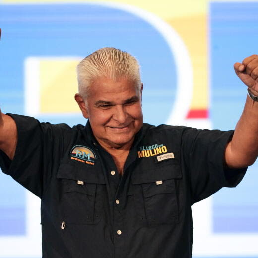 epa11320874 Presidential candidate Jose Raul Mulino gestures druing a speech at his campaign headquarters in Panama City, Panama, 05 May 2024. With more than 85 percent of the ballots being accounted for, Mulino leads with 34.44 percent followed by Other Path Movement's Ricardo Lombana with 25 percent, former president Martin Torrijos of Popular Party with 16 percent, and Romulo Roux of Cambio Democratico with 11,29 percent. EPA/Bienvenido Velasco