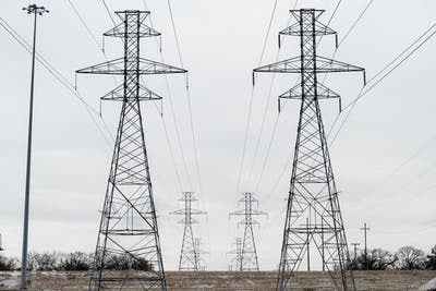 Power lines in Fort Worth, Texas on Monday. The operator of the state’s grid, the Electric Reliability Council of Texas, has asked Texans to limit energy use on Tuesday.