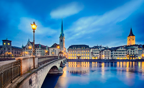 NIght Cityscape Bridge Waterfront Zurich