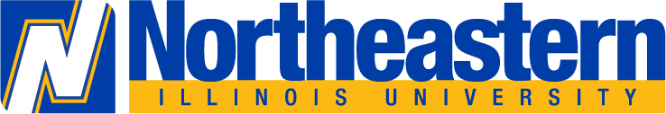 Northeastern Illinois University'w wordmark logo in blue and yellow with the Flying N.