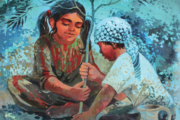 Illustration: Two young people hold a tree branch. 