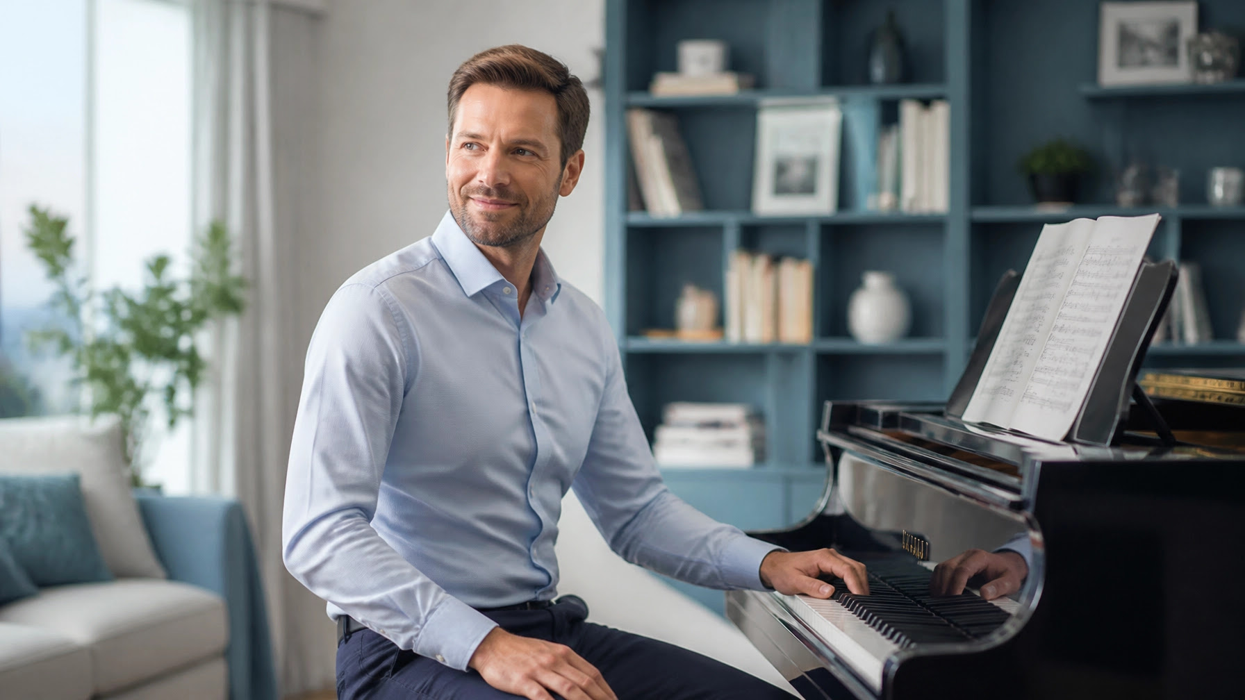 A professional adult enjoying a relaxing piano session after work in a sunlit living room A professional adult enjoying a relaxing piano session after work in a sunlit living room