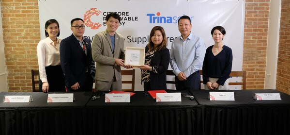 Signing the contract was CREC President and CEO Oliver Tan (3rd from left) and Trinasolar Executive President Helena Li (4th from left). Witnessing the signing is President of Citicore Construction, Inc. Alreetz Santander (2nd from left) together with Citicore Group CFO Lucia Roderos (leftmost); Trinasolar President of Asia Pacific Todd Li (5th from left) together with Trinasolar Group Director for South, Southeast, and Central Asia, Elva Wang (rightmost).