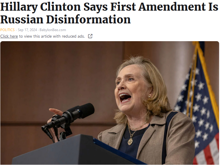 Hillary calls first Amendment Russian disinfo.