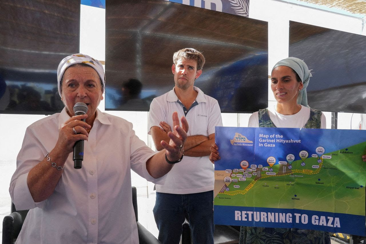 Daniella Weiss, founder of Nachala, an Israeli settlers organization, speaks during a conference on the resettlement of the Gaza Strip, in Beeri, southern Israel, Oct. 21. (Janis Laizans/Reuters)