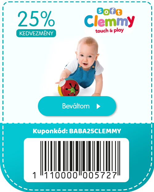 Soft Clemmy 25% discount coupon showing baby crawling with a colourful toy, coupon code BABA25CLEMMY and barcode