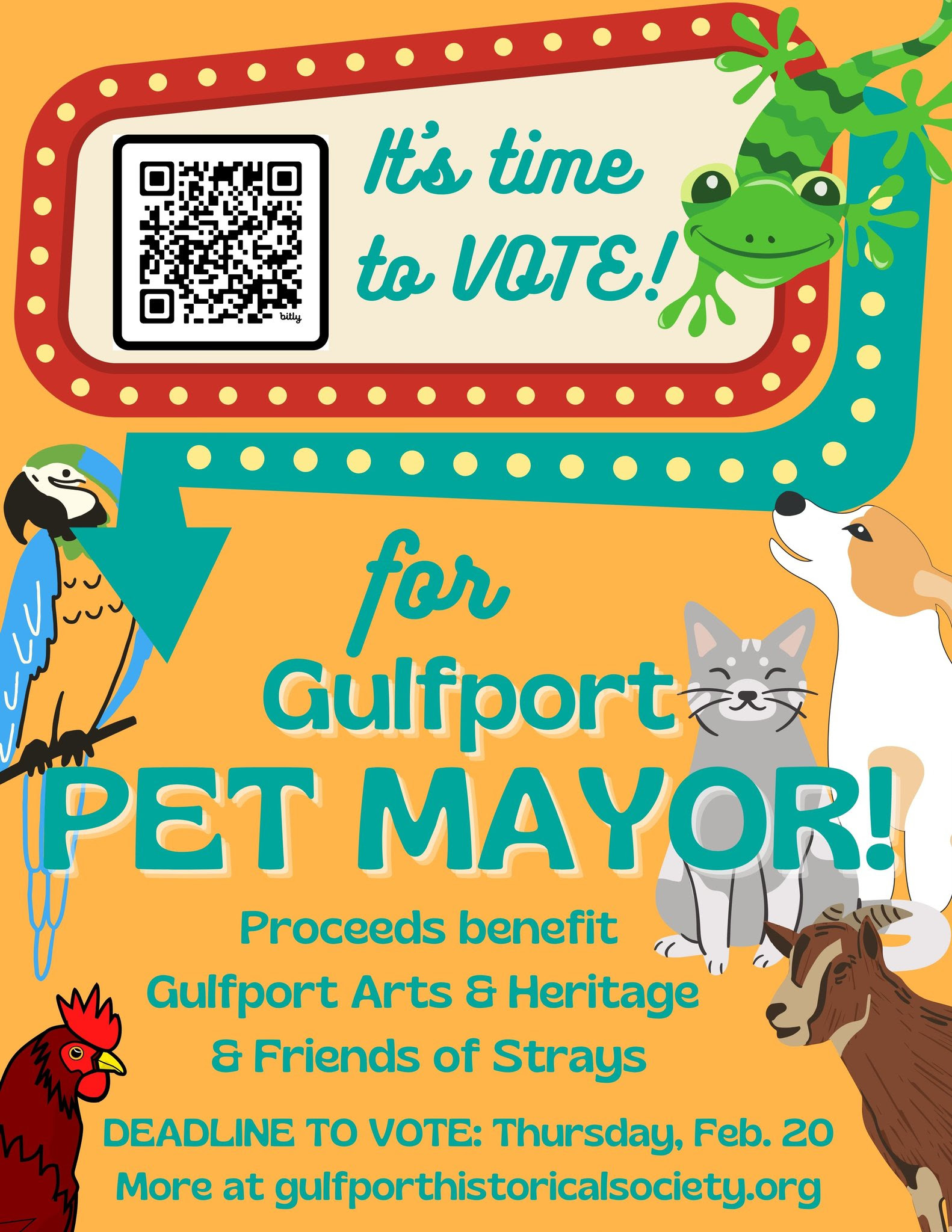 A yellow flyer with clipart animals including a gecko, parrot, dog, cat, goat, and chicken. The text reads 