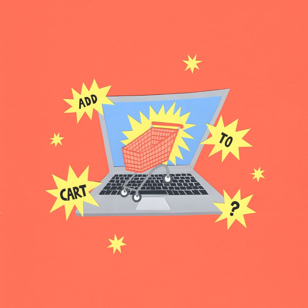 An illustration of a shopping cart on top of a laptop with the words “Add to cart?”