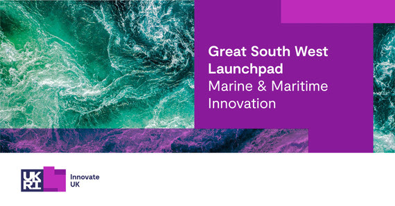 Innovate UK graphic featuring an aerial shot of ocean waves, captioned: 'Great South West Launchpad Marine and Maritime Innovation'.
