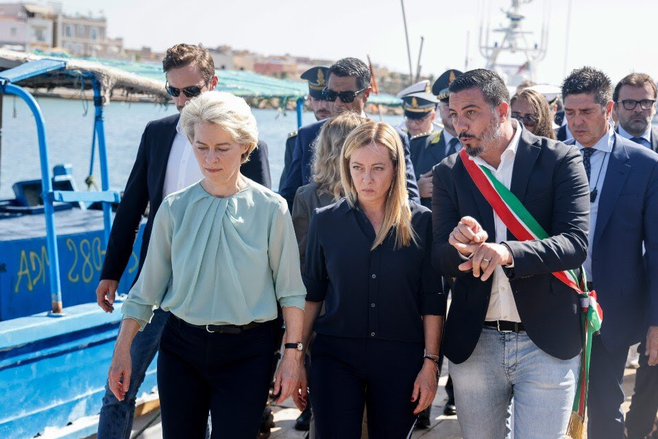 European Commission President Ursula von der Leyen, European Commissioner for Home Affairs Ylva Johansson, and Italian Prime Minister Giorgia Meloni visit the Lampedusa migrant hotspot.