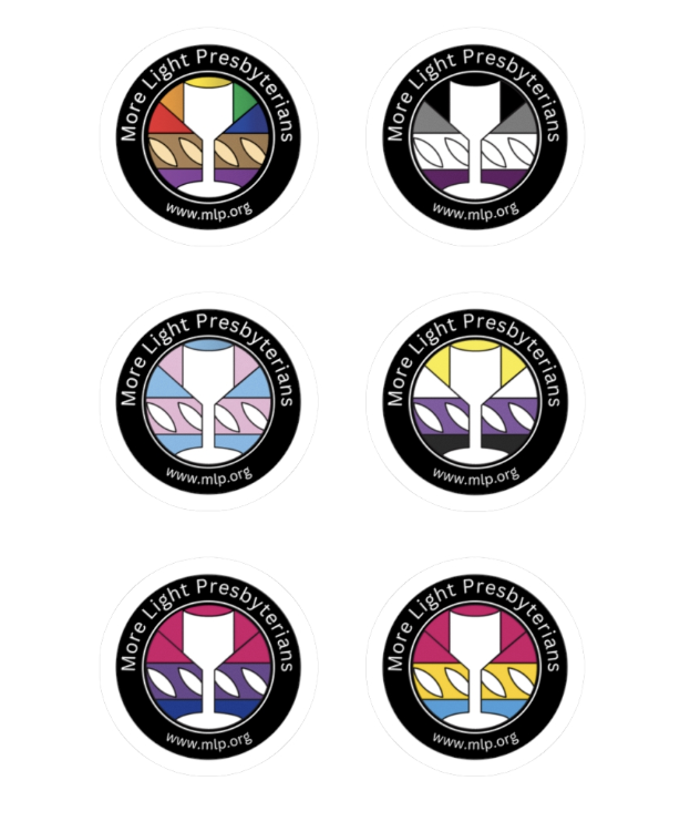 6 circle images of MLP's logo in the Rainbow pride flag, the asexual pride flag, the trans pride flag, the gender non-binary pride flag, the bisexual pride flag, and the pansexual pride flag. 