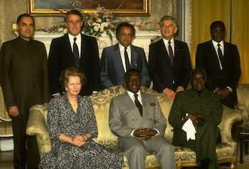 The 1987 Commonwealth meeting on South Africa. Back row, from left: Indian prime minister Rajiv Gandhi, Canadian prime minister Brian Mulroney, Commonwealth secretary-general Sonny Ramphal, Australian prime minister Robert Hawke and Zimbabwean prime minister (later president) Robert Mugabe. Front row, from left: Margaret Thatcher, prime minister of the Bahamas Lynden Pindling and Zambian president Kenneth Kaunda